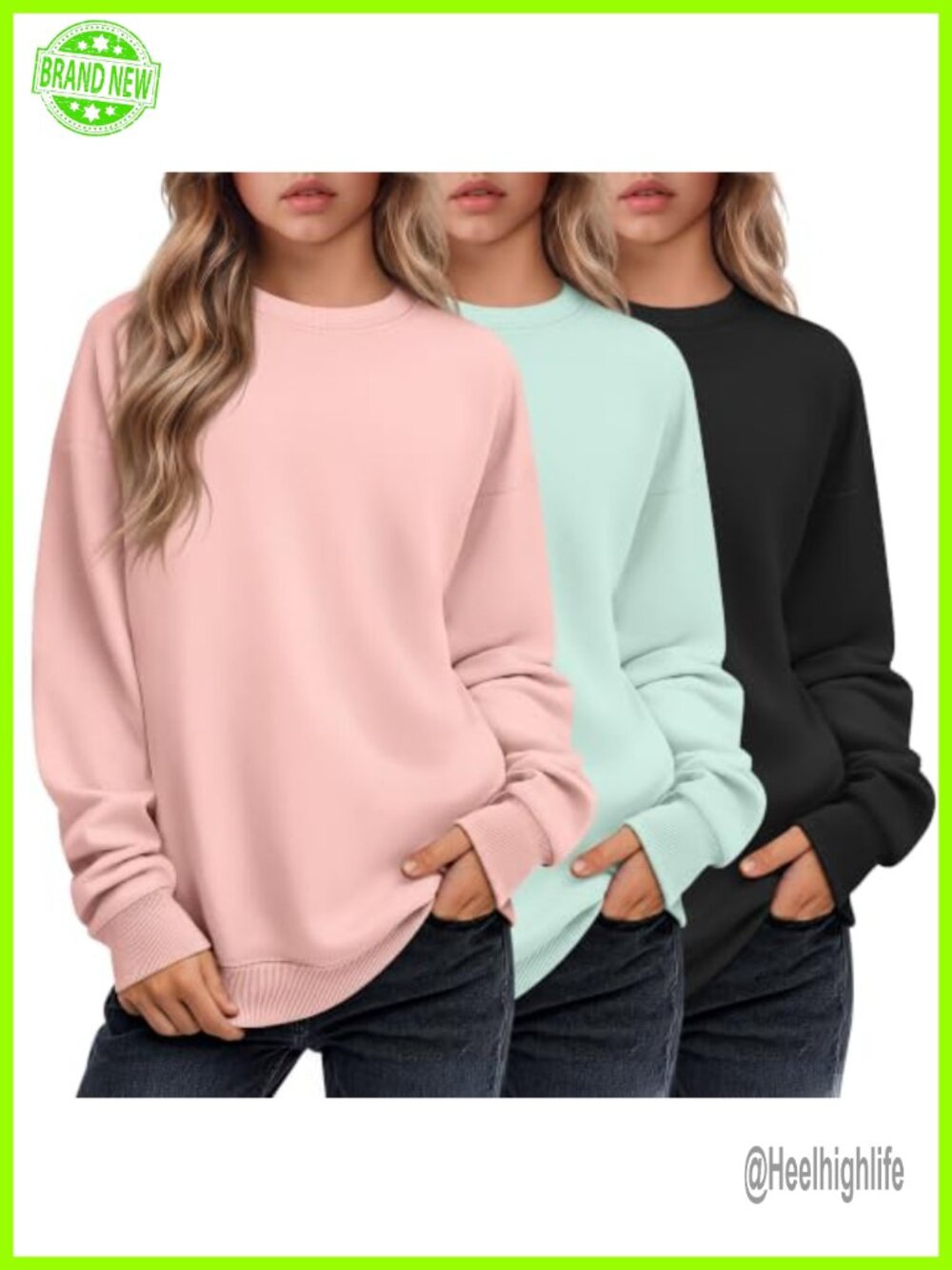 Girls 3 Pack Long Sleeve Sweatshirts Crew Neck Pullover Tops